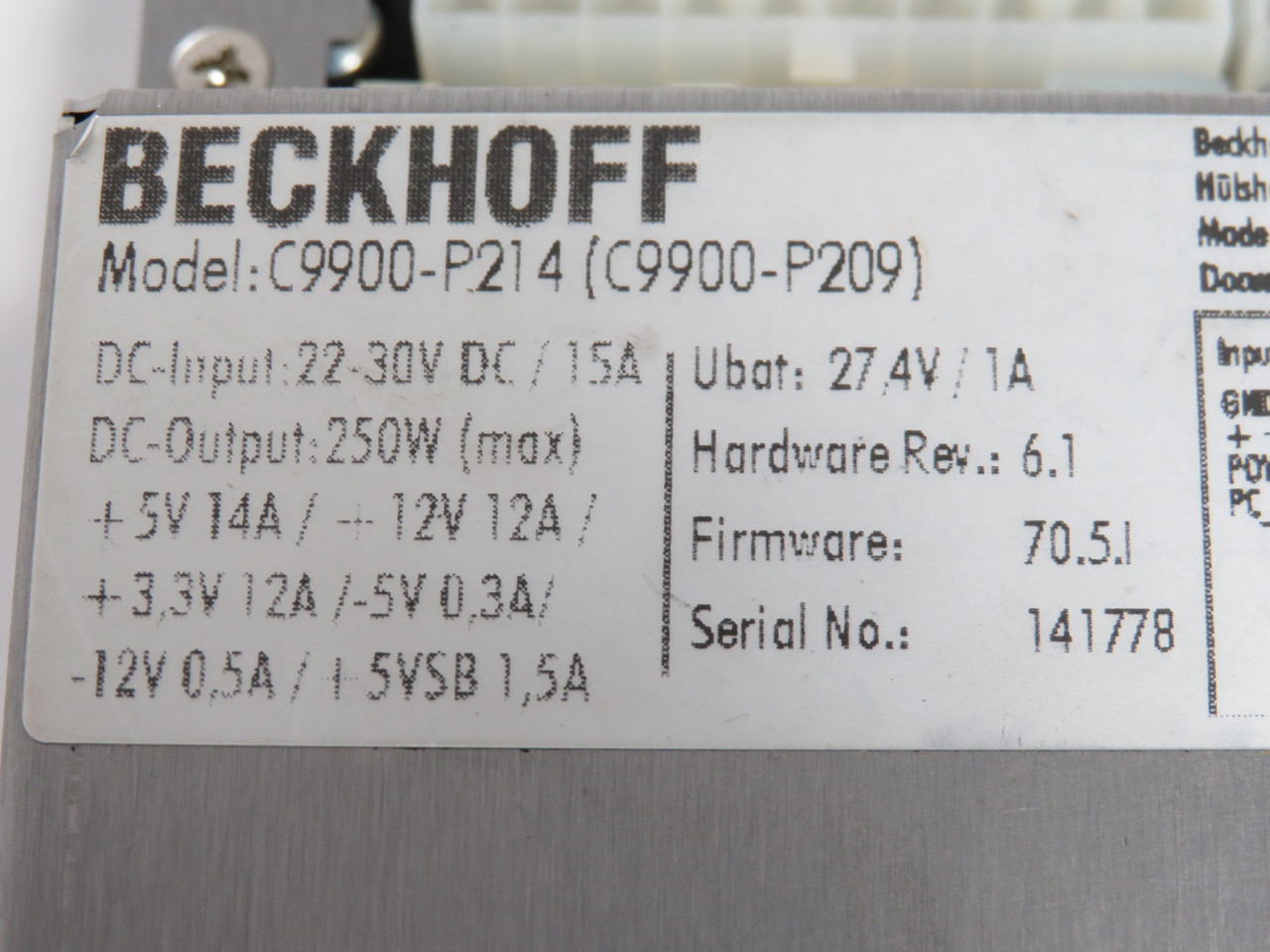 Beckhoff C9900-P214 (C9900-P209) Power Supply 250W H/W Rev 6.1 F/W 70.5.1 USED
