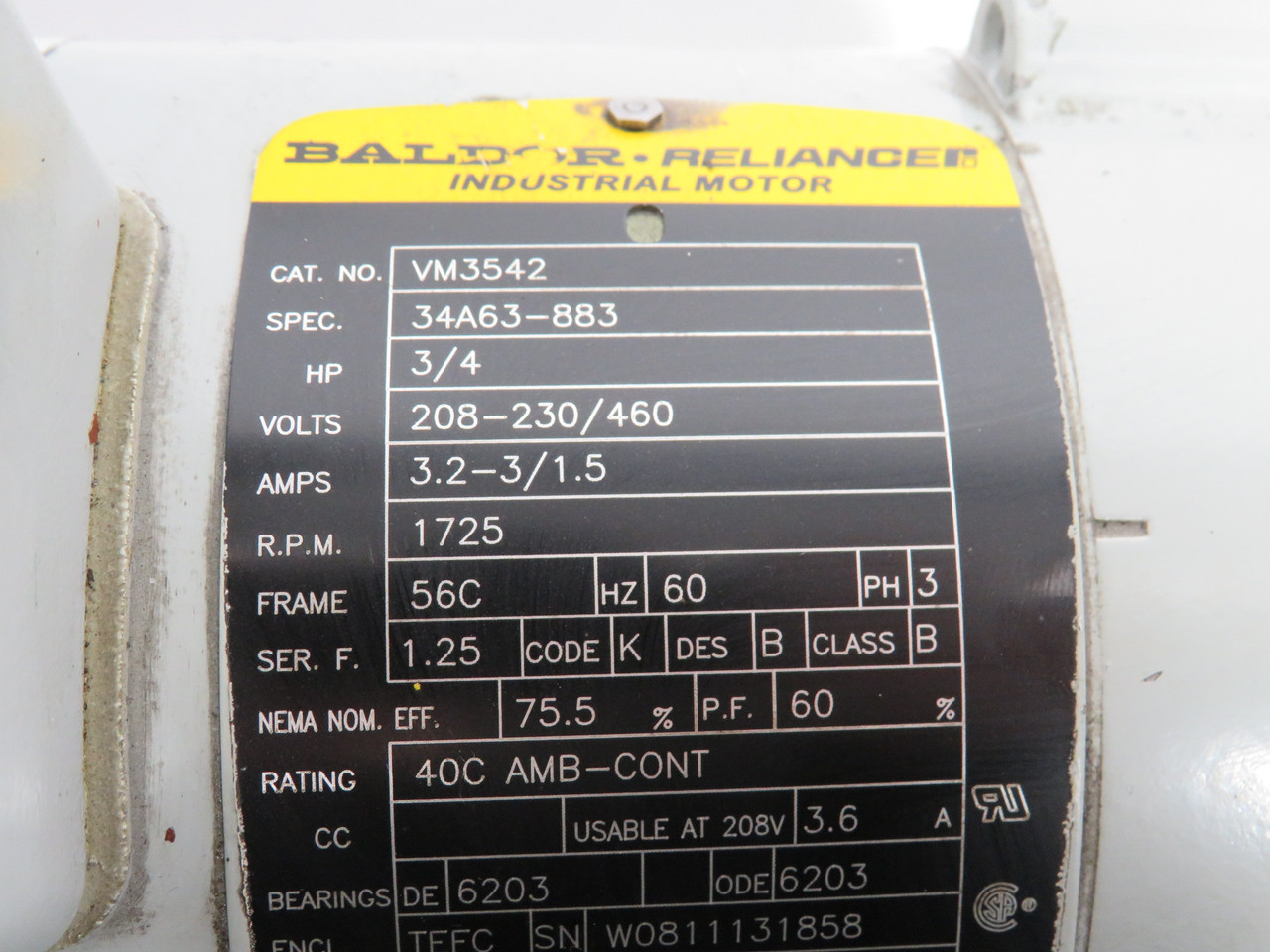 Baldor VM3542 Motor 3/4HP 1725RPM 208-230/460V 56C TEFC 3PH 3.2-3/1.5A 60HZ USED