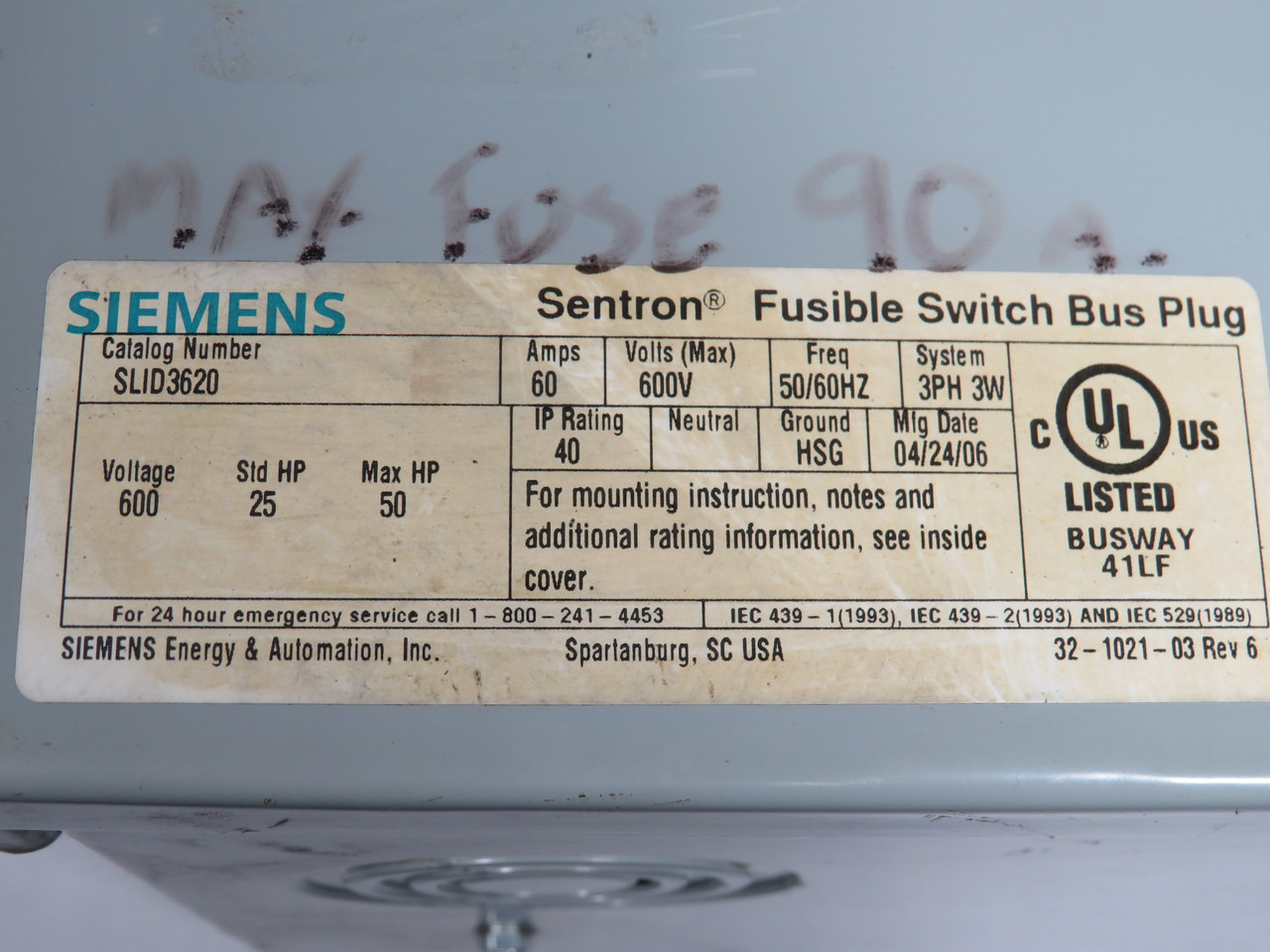 Siemens SLID3620 Fusible Bus Plug 60A 600V 3-Pole 25/50HP USED