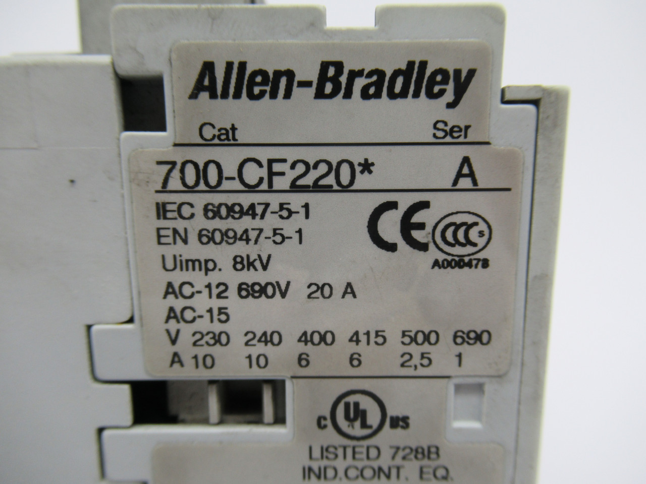Allen-Bradley 700-CF220D Industrial Relay 690V 20A Coil 110@50Hz 120V@60Hz USED