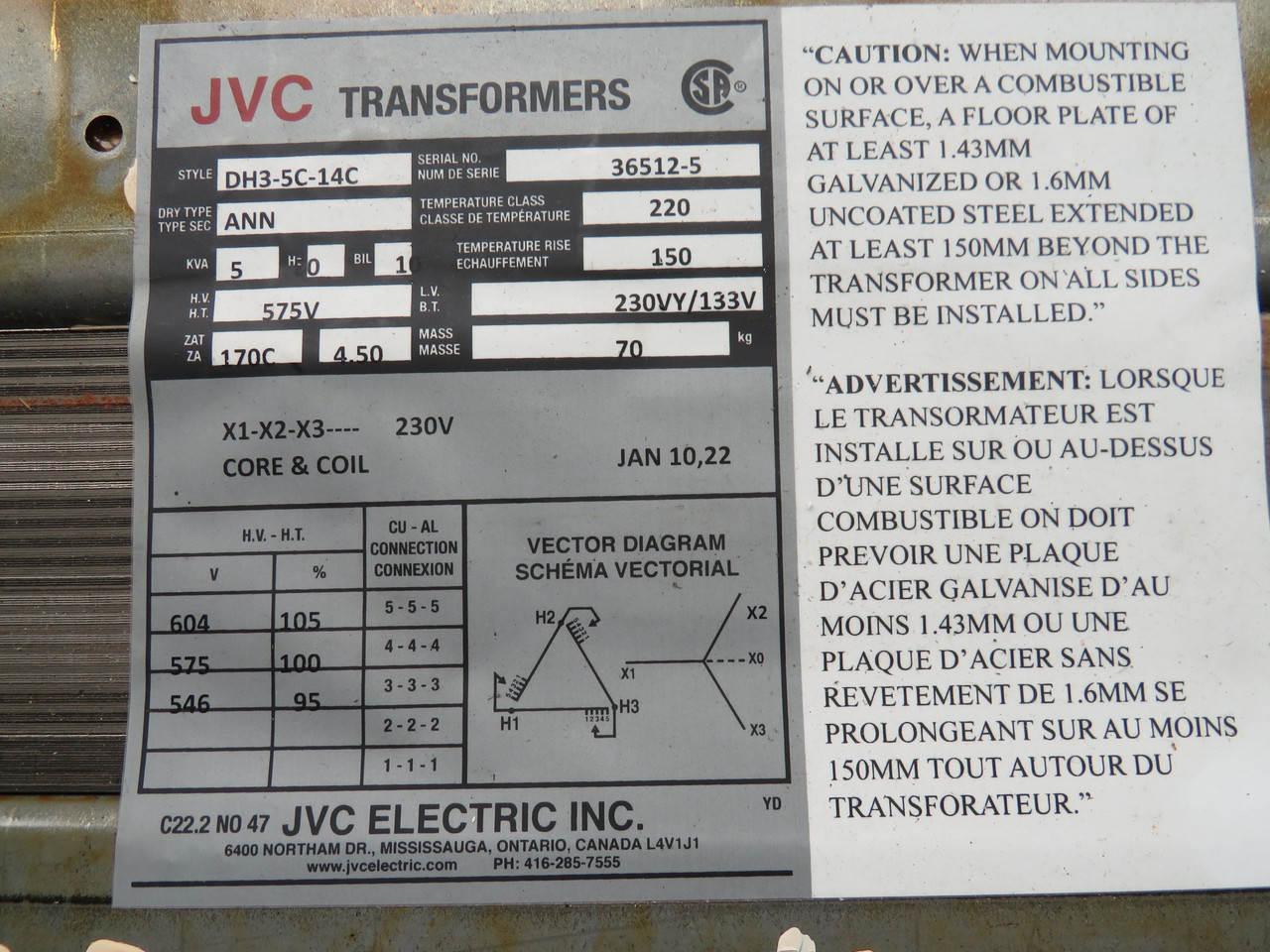 JVC Transformers DH3-5C-14C Dry Type ANN 5kVA 575V 230VY/133V 3Ph USED