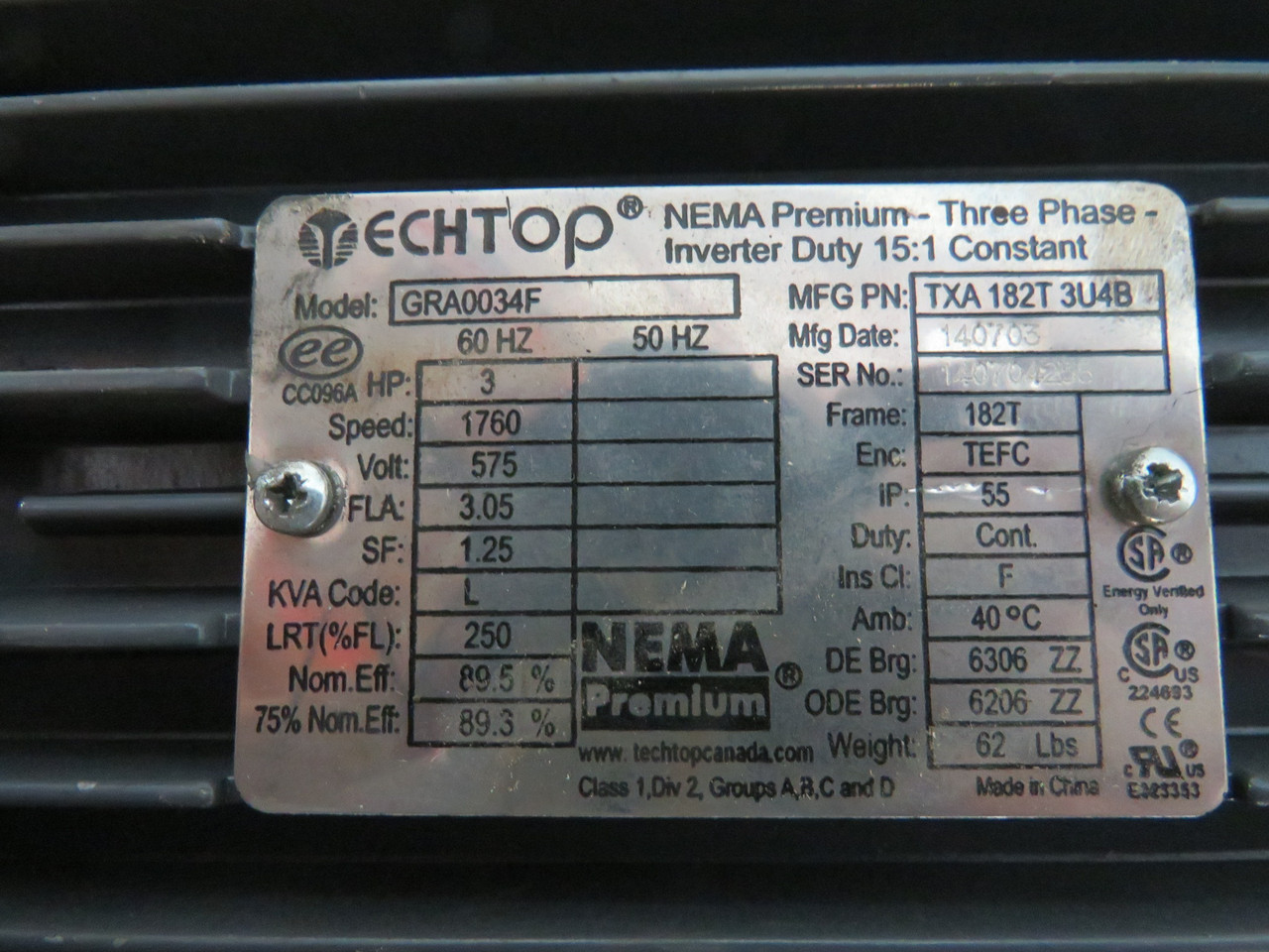 TechTop 3HP 1760RPM 575V 182T TEFC 3Ph 3.05FLA 60Hz USED