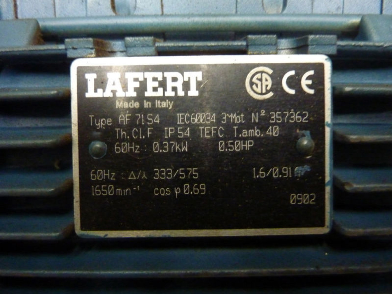 Lafert AF71S4 0.37kW 1650RPM 333/575V TEFC 3Ph 1.6/0.91A 60Hz USED