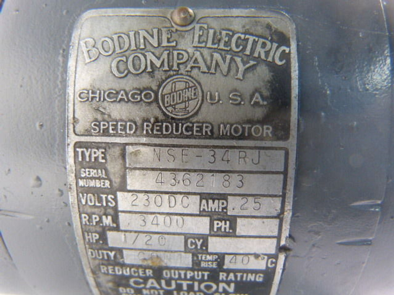 Bodine Electric NSE-34RJ Speed Reducer Motor 1/20HP 3400RPM 230VDC .25A USED