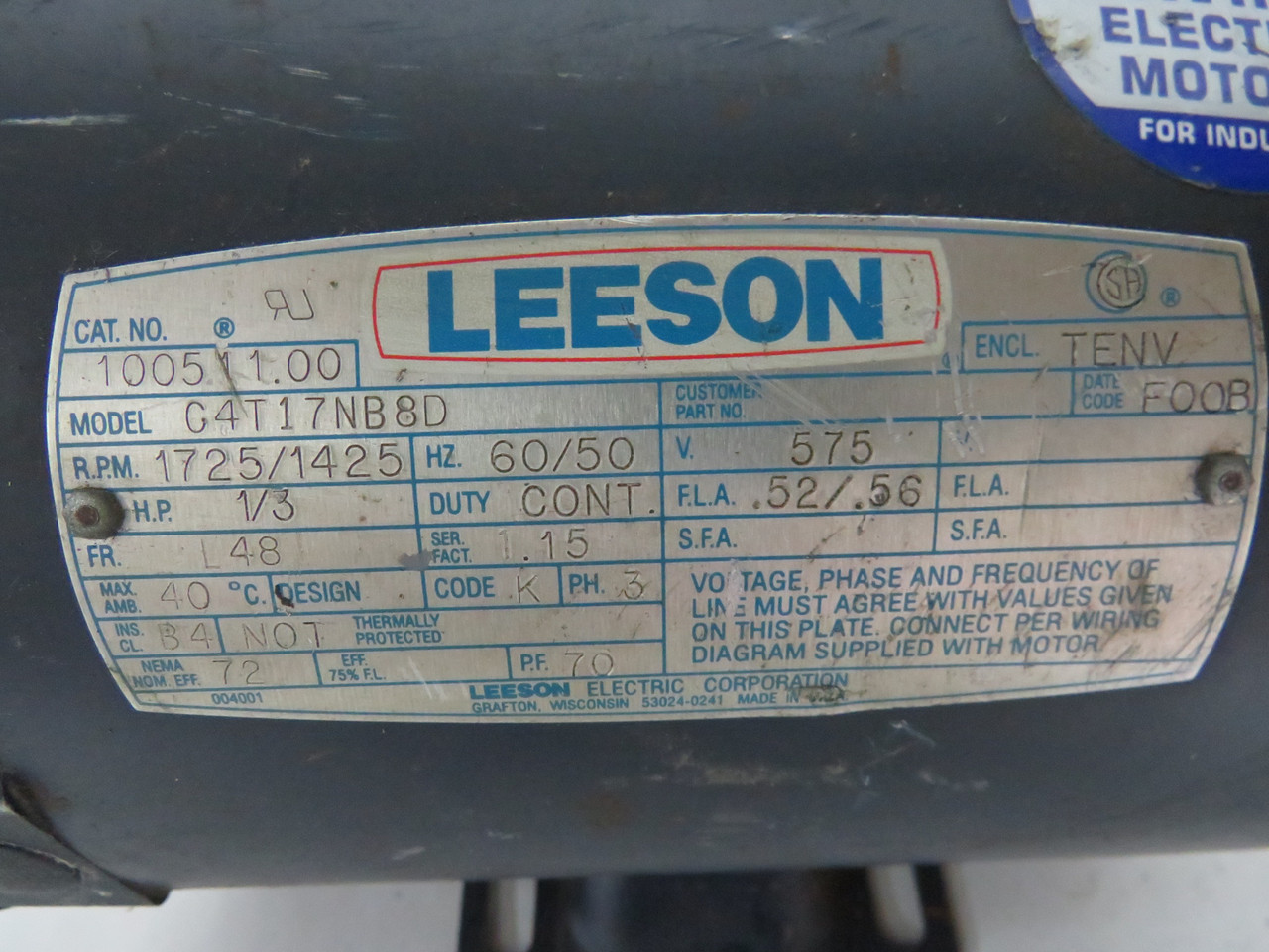 Leeson 1/3HP 1725RPM 575V L48 TENV 3Ph .52FLA 60Hz USED