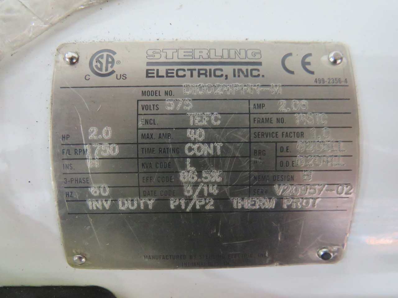 Sterling Electric Inc 2Hp 1750RPM 575V 145TC TEFC 3Ph 2.08A 60Hz NEW