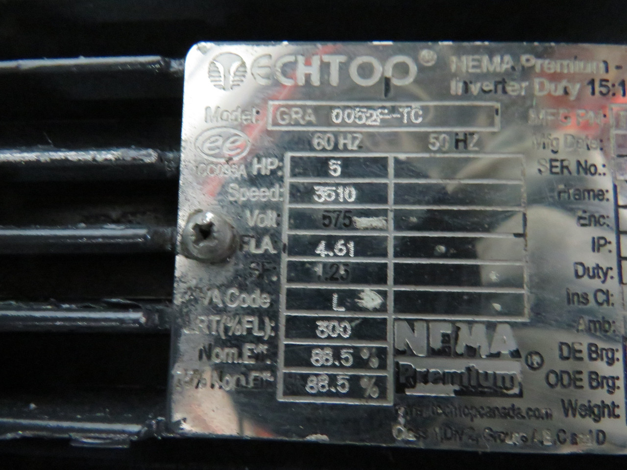 TechTop 5HP 3510RPM 575V 184TC TEFC 3Ph 4.61FLA 60Hz USED