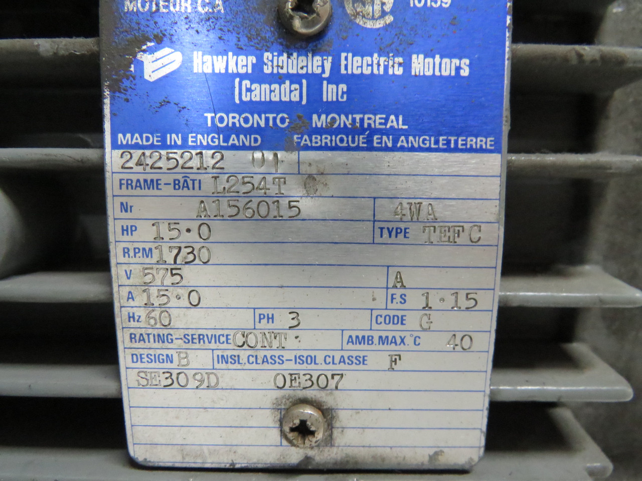 Hawker Siddeley 15HP 1730RPM 575V L254T TEFC 3Ph 15A 60Hz SHELF WEAR USED