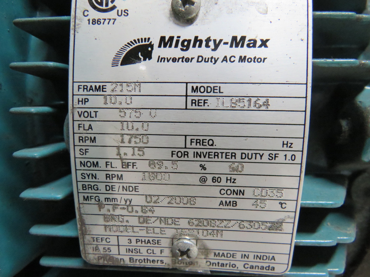 Mighty Max 10Hp 1750RPM 575V 215M TEFC 3Ph 10FLA 60Hz RUST/NO KEY USED
