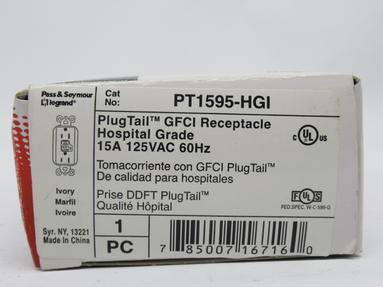 Pass & Seymour PT1595-HGI Plugtail GFCI Receptacle 15A 125VAC 60Hz IVORY NEW
