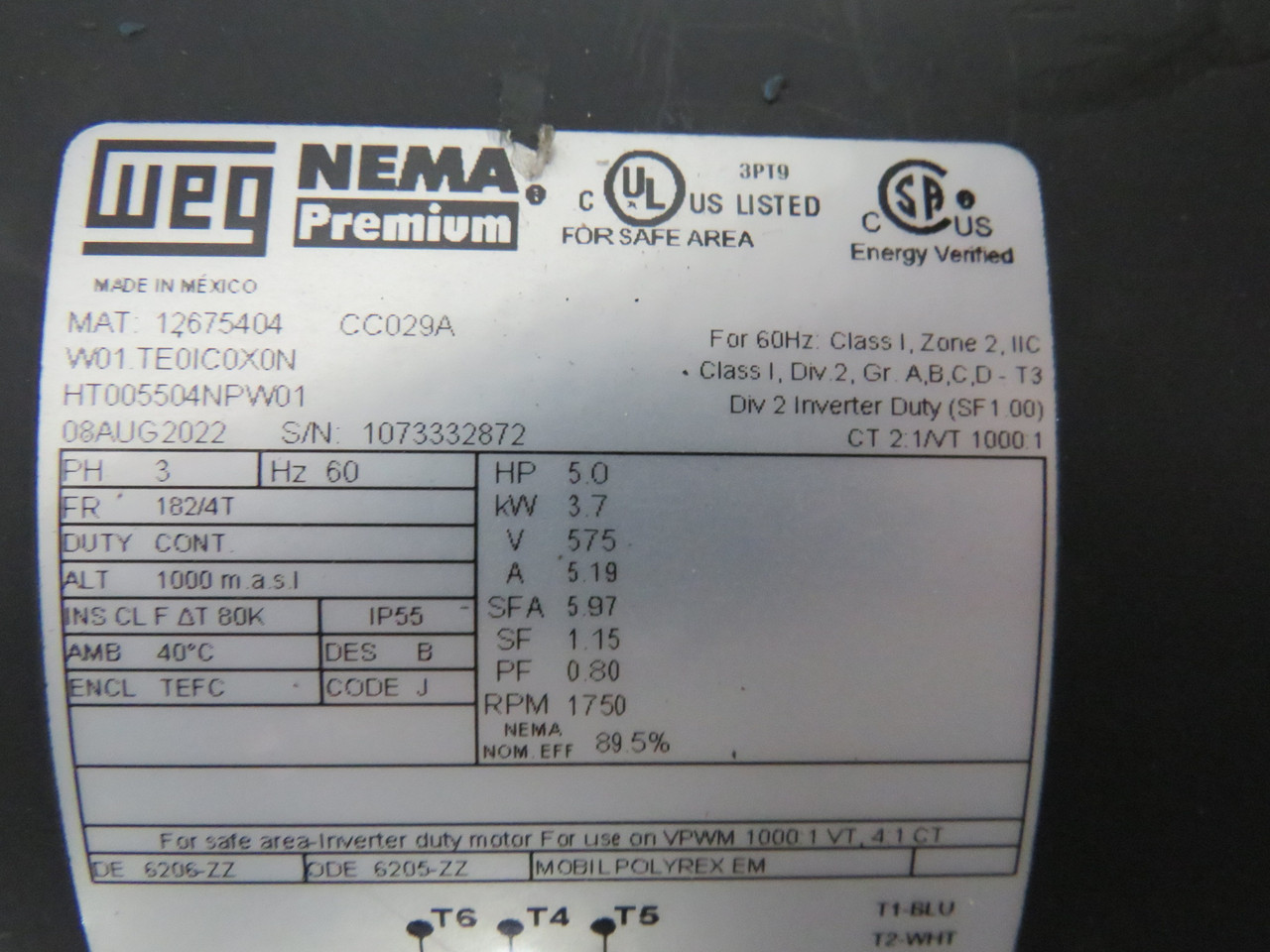 WEG 5HP 1750RPM 575V 182/4T TEFC 3Ph 5.19A 60Hz NOP