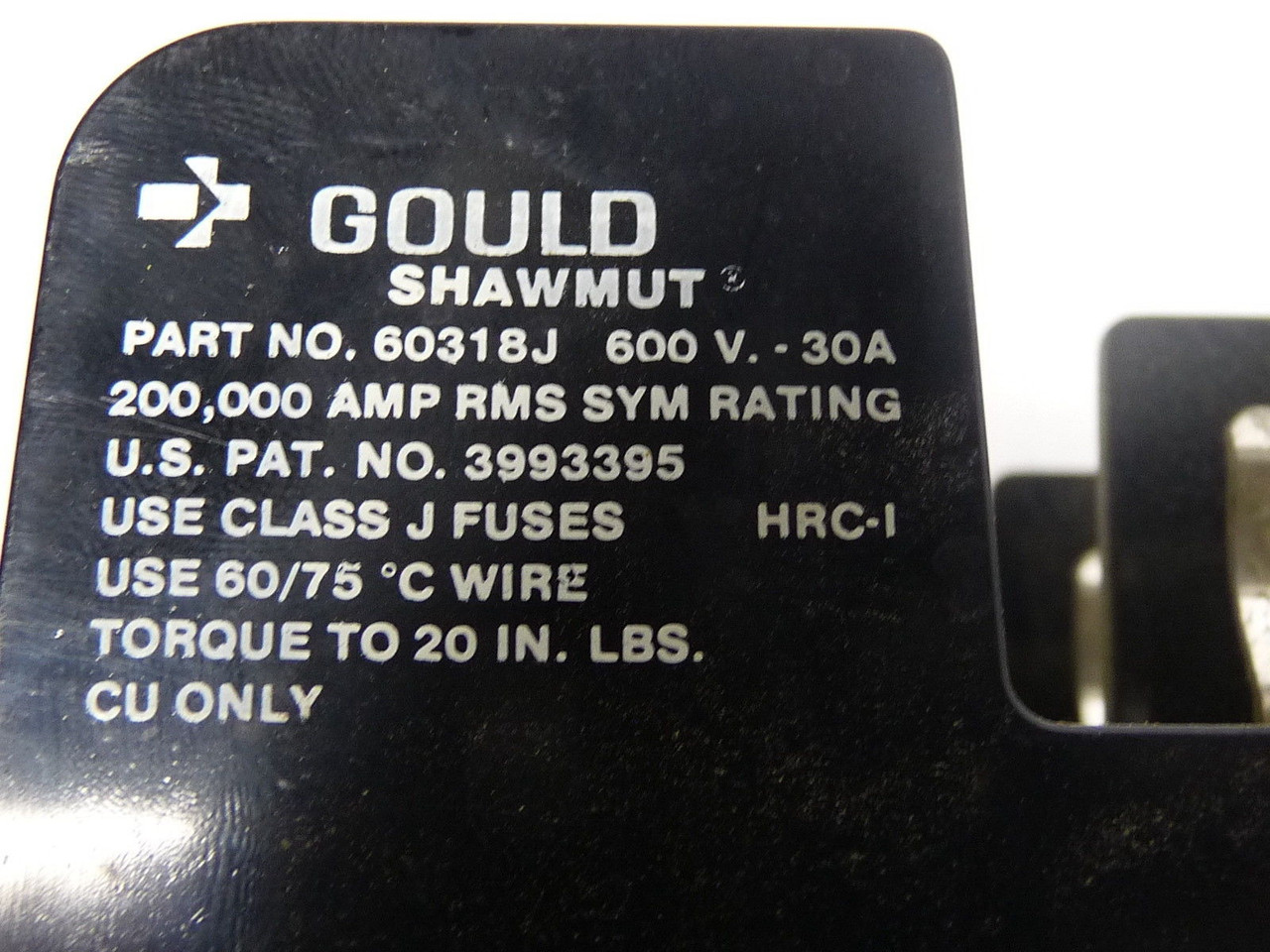 Gould Shawmut 60318J Class J Fuse Holder 30A 600V 3 Pole USED