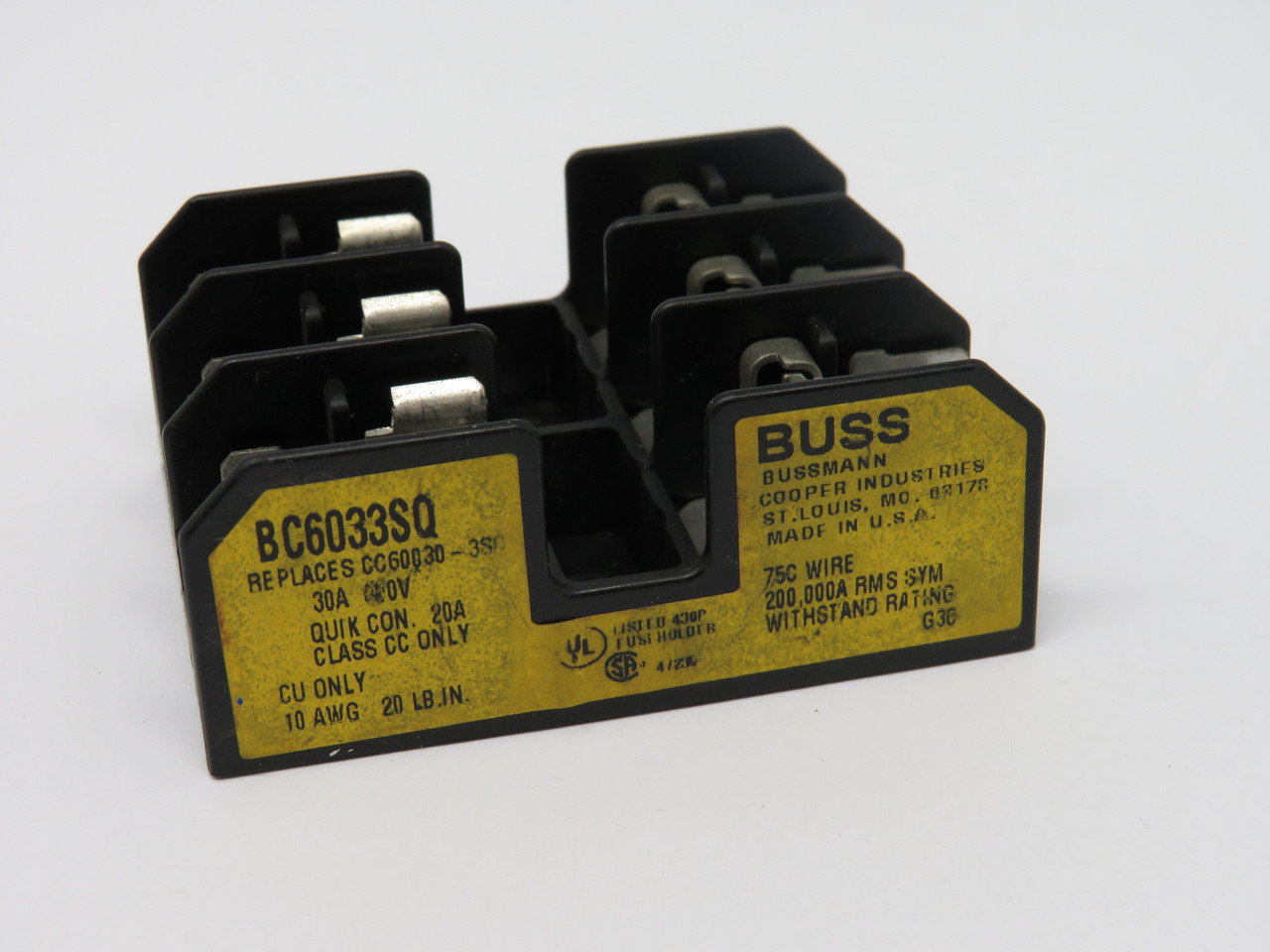 Bussmann BC6033SQ Fuse Holder 30A 600V 3-Pole USED