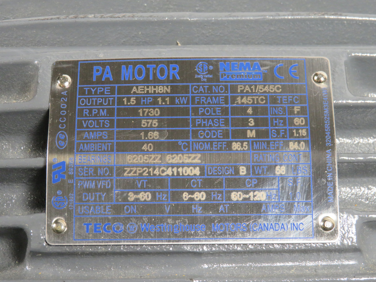 TECO-Westinghouse 1.5HP 1730RPM 575V 145TC TEFC 3Ph 1.66A 60Hz NOP