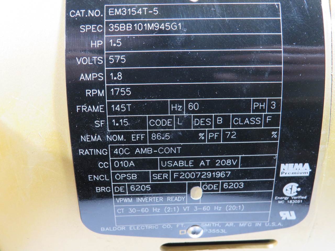 Baldor EM3154T-5 1.5HP 1775RPM 575V 145T OPSB 3Ph 1.8A 60Hz MISSING SCREWS NOP