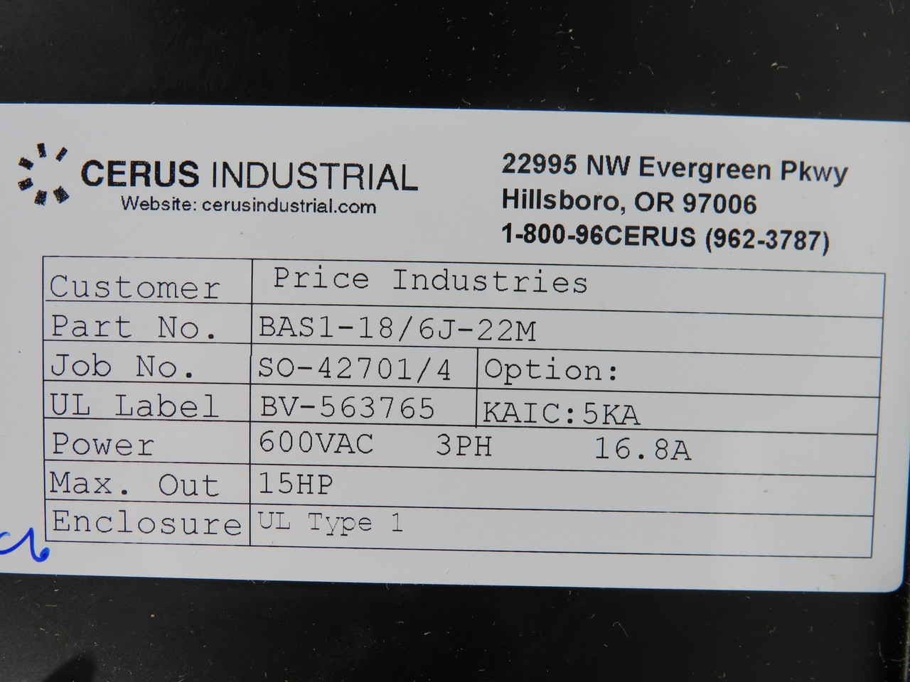 Cerus BAS1-18/6J-22M Building Automation Starter 15HP 3Ph 600V SHELF WEAR NEW