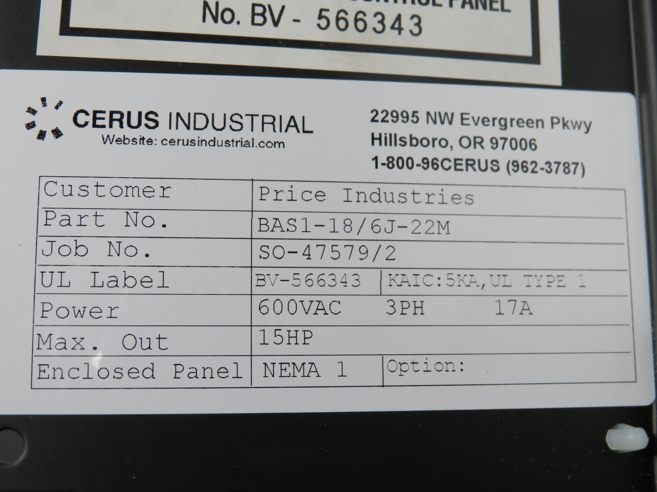 Cerus BAS1-18/6J-22M Building Automation Starter 15HP 3Ph 600V 17A NEMA 1 NEW
