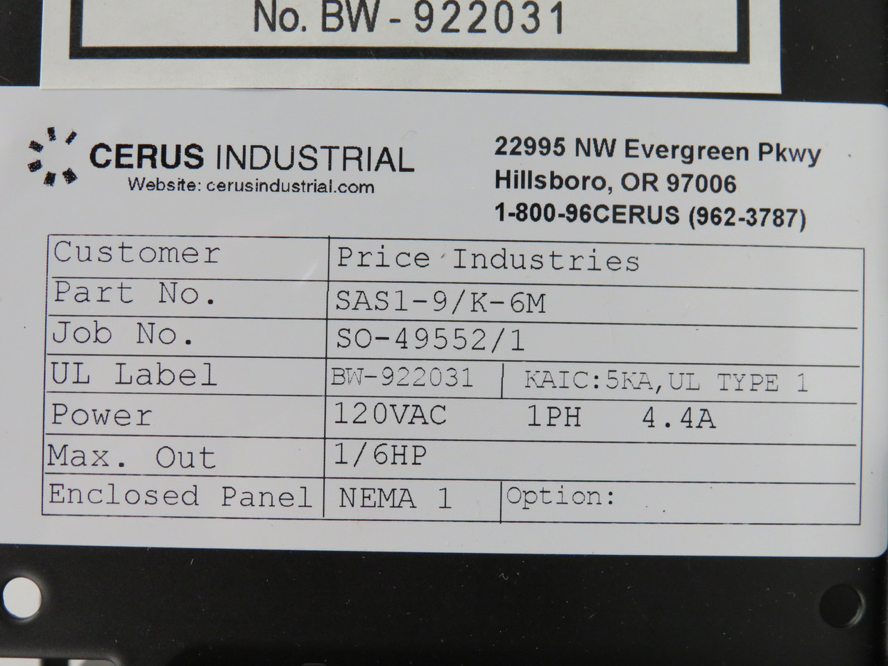 Cerus SAS1-9/K-6M Standard Automation Starter 1/6HP 1Ph 120V 4.4A NEMA 1 NEW