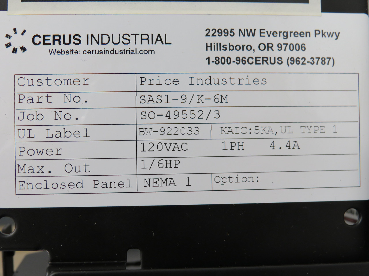 Cerus SAS1-9/K-6M Standard Automation Starter 1/6HP 1Ph 120V 4.4A NEMA 1 NOP