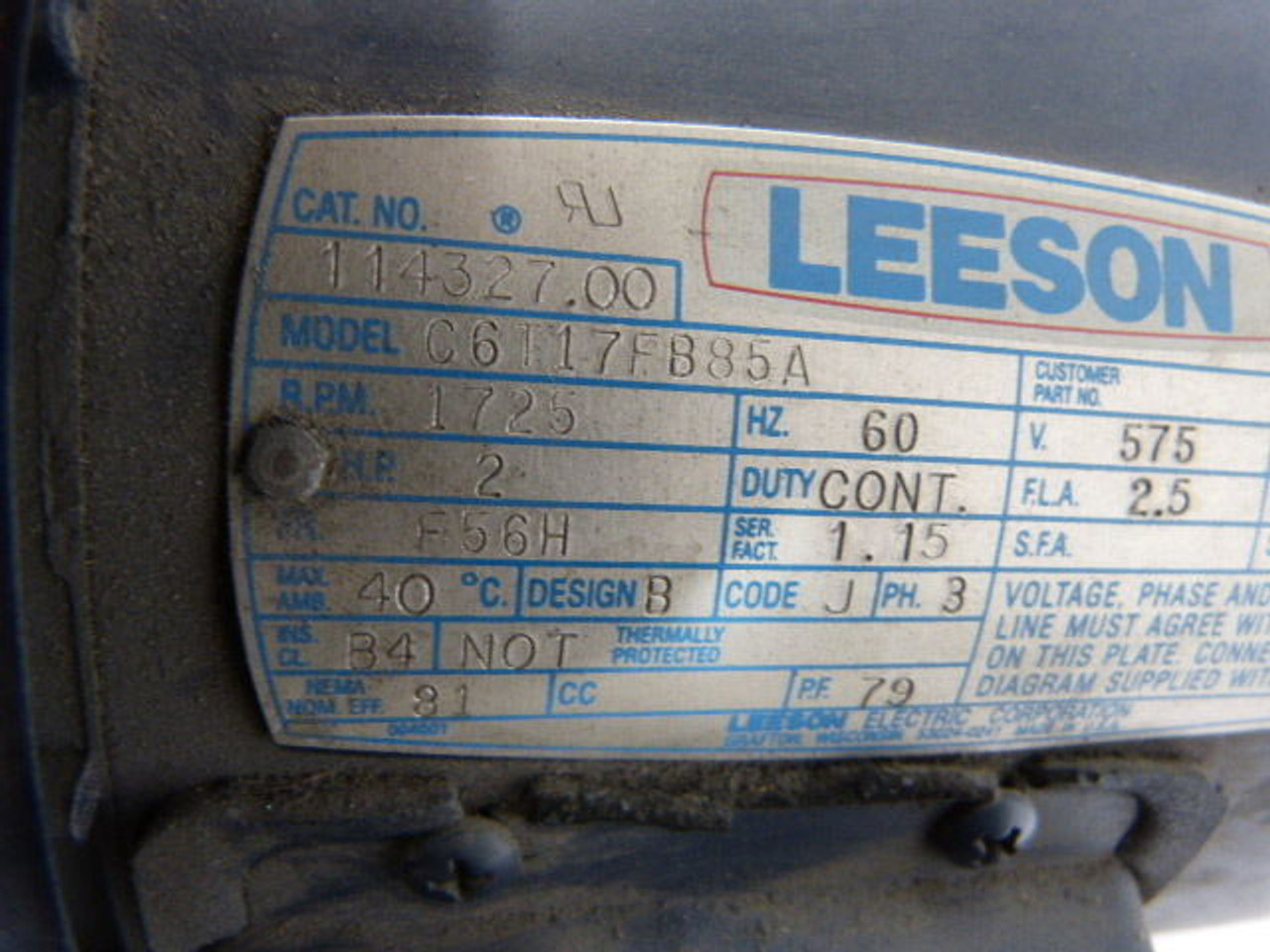 Leeson 2HP 1725RPM 575V F56H TEFC 3Ph 2.5A 60Hz USED