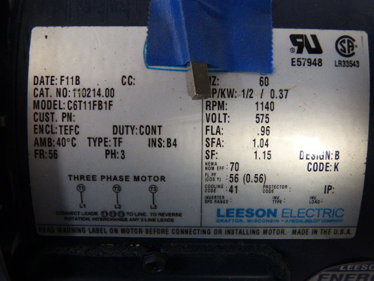 Leeson 1/2HP 1140RPM 575V 56 TEFC 3Ph .96A 60Hz USED