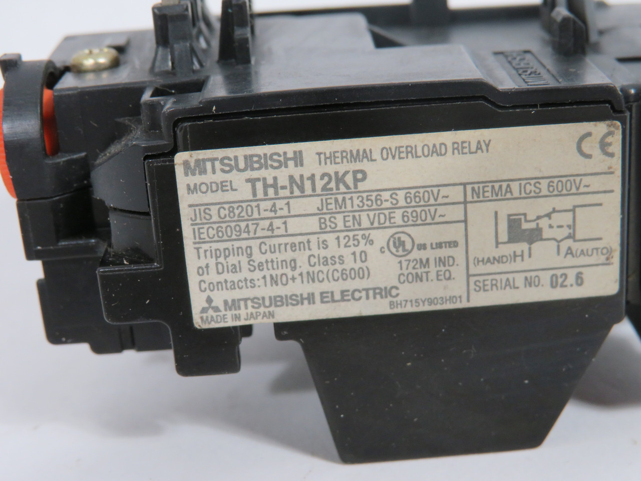 Mitsubishi TH-N12KP Thermal Overload Relay 1NC 1NO 0.55-0.85 Amp USED