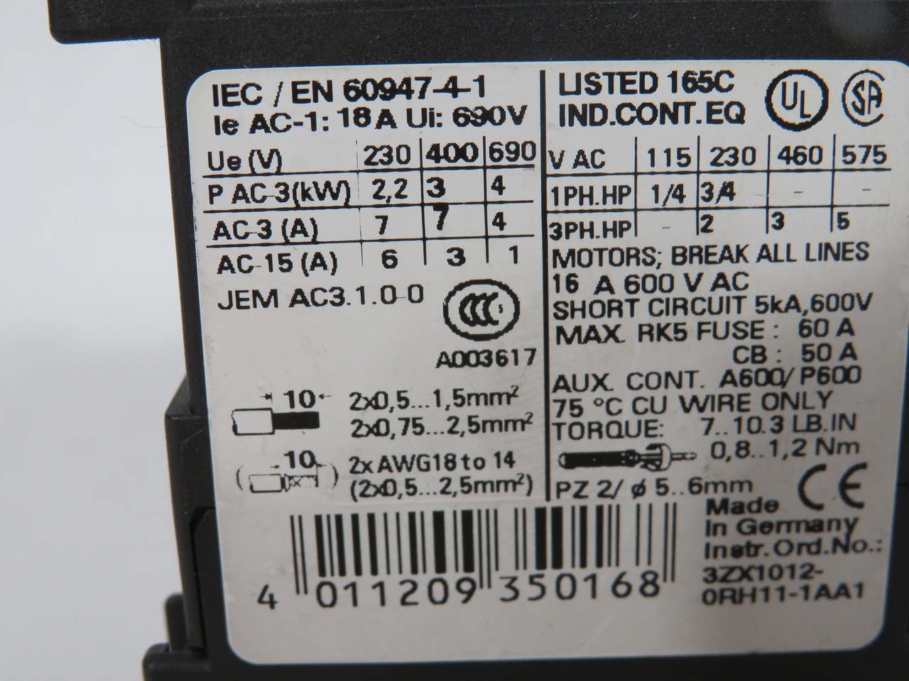 Siemens 3RT1015-1AV02 Contactor 400V@50/60Hz 1NC 3Pole USED