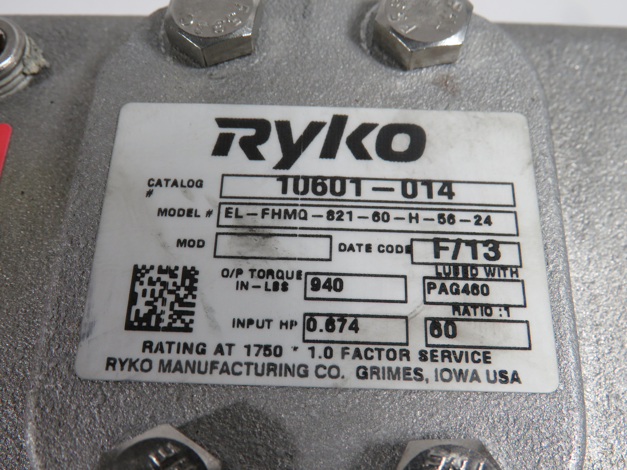 Ryko EL-FHMQ-821-60-H-56-24 Gear Reducer 60:1 Ratio 940in-lbs 0.674HP NOP