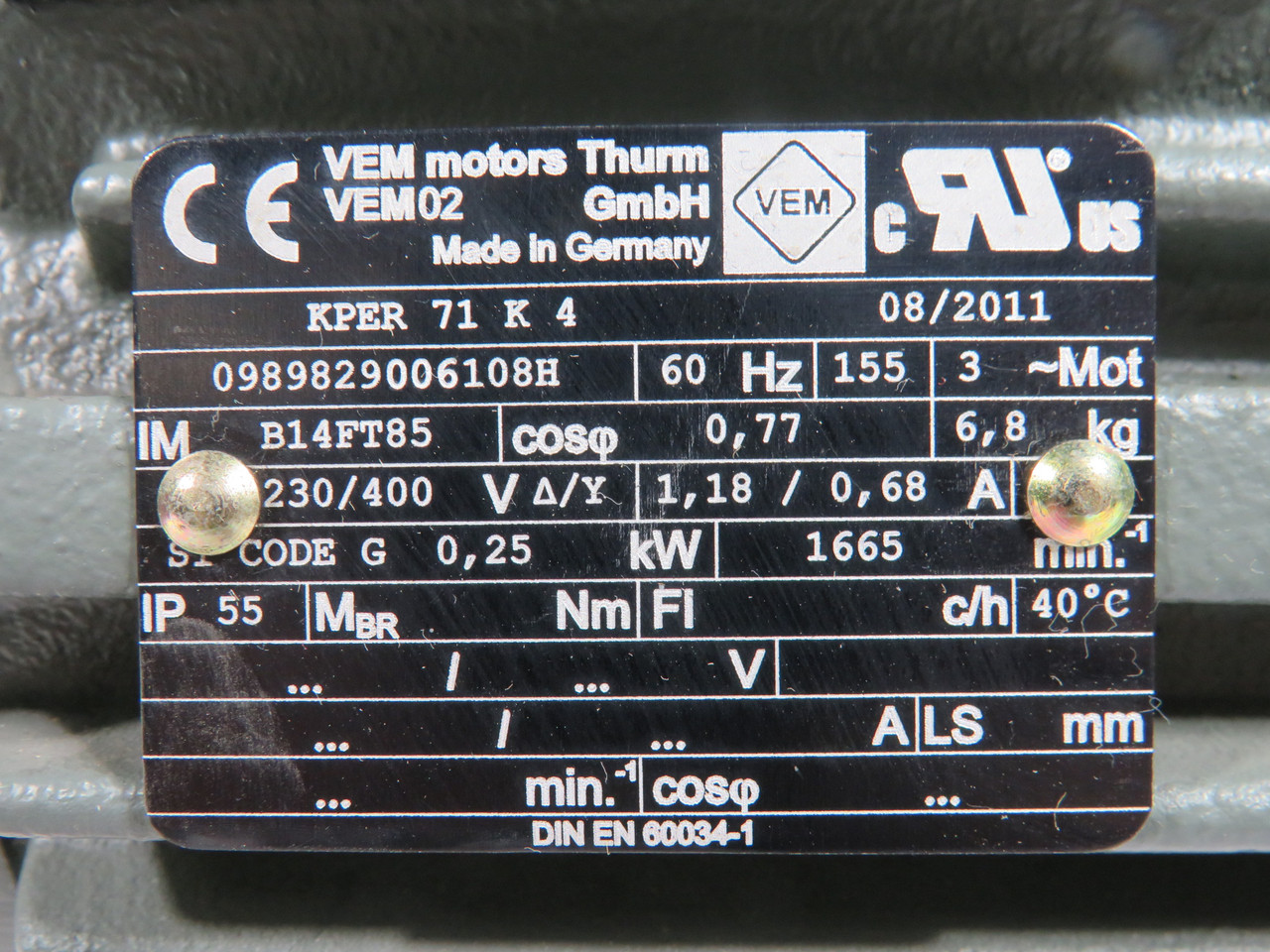 VEM Motors KPER71K4 0.25kW 1665RPM 230/400V 3Ph 1.18/0.68A 60Hz BOX DAMAGE NEW