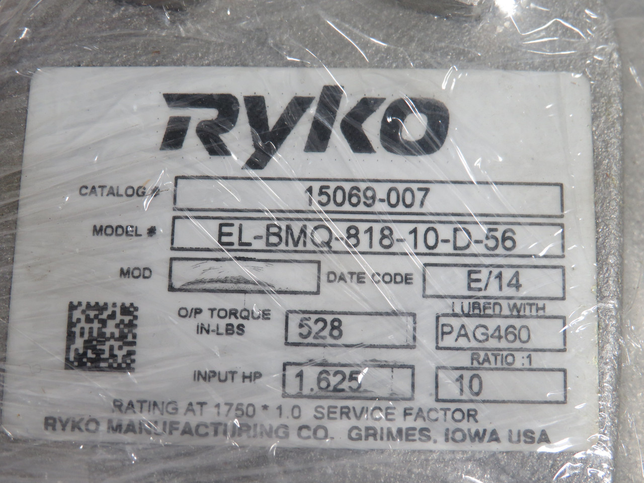 Ryko EL-BMQ-818-10-D-56 Gear Reducer 10:1 Ratio 528in-lbs 1.625HP BOX WEAR NEW