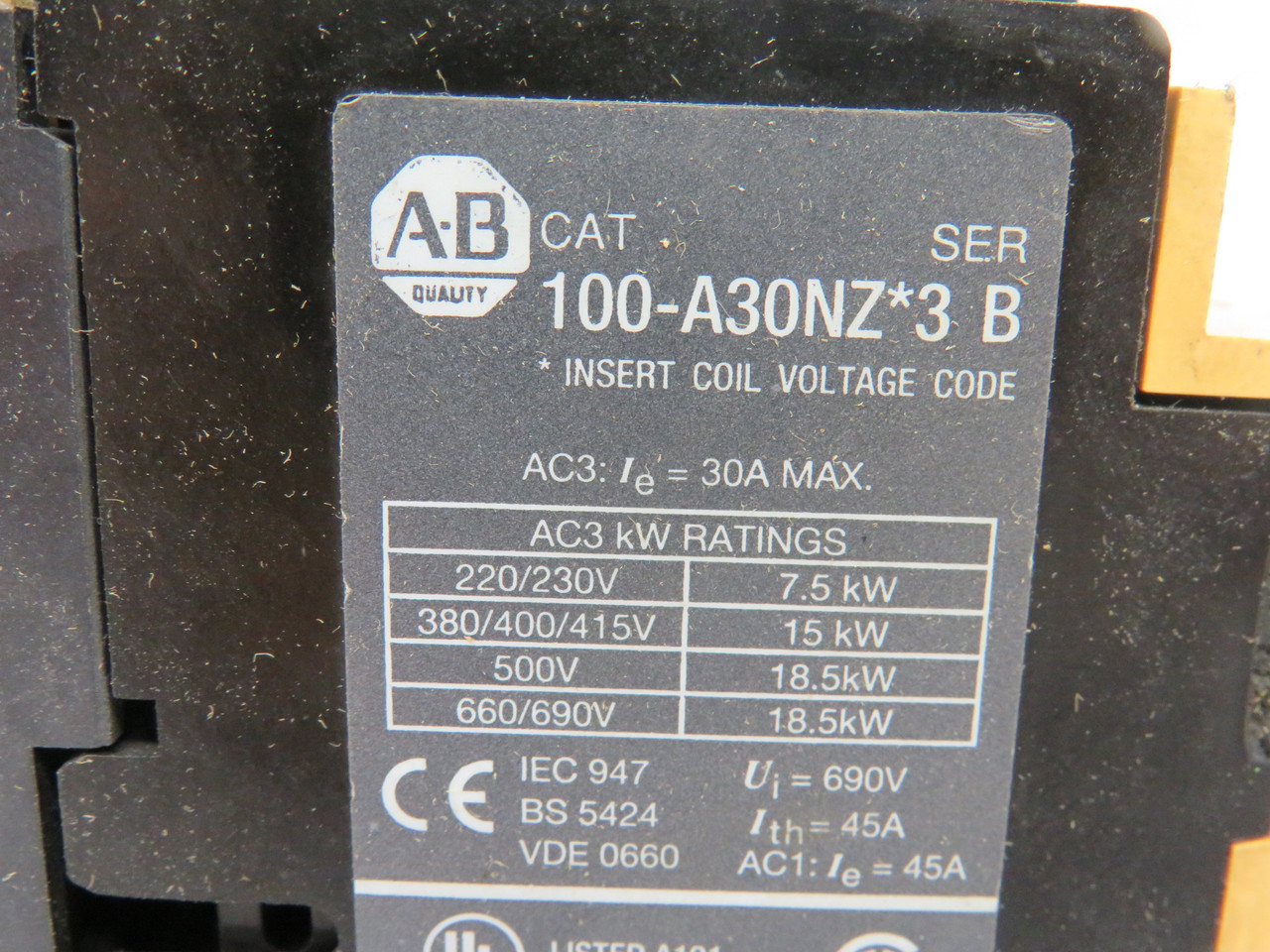Allen-Bradley 100-A30NZJ3 Series B Contactor 24VDC 30A USED