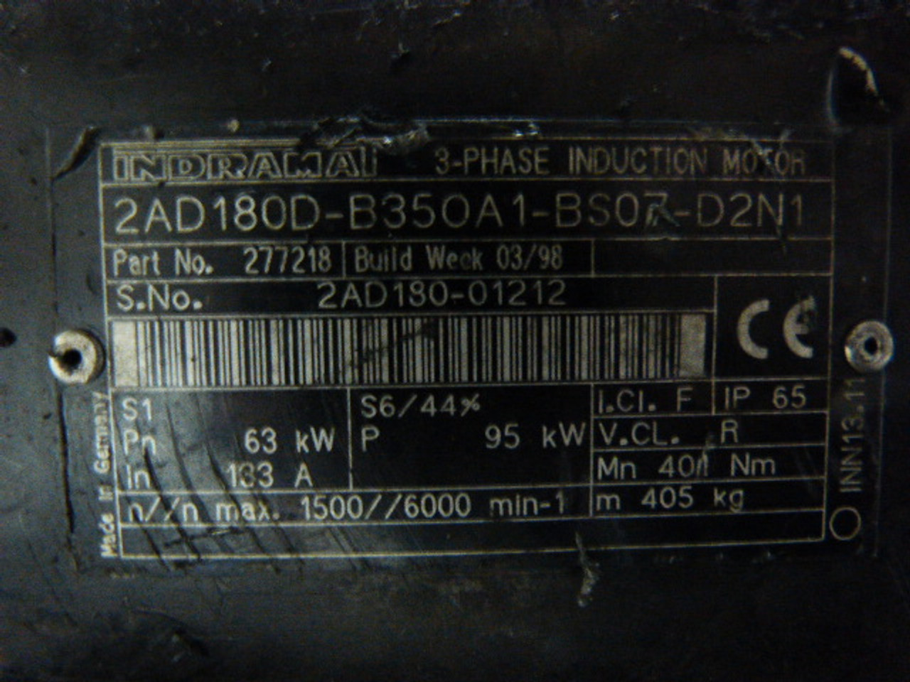 Indramat 2AD180D-B350A1-BS07-D2N1 Induction Servo Motor 3Phase USED