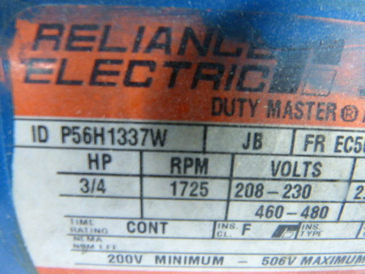 Reliance Electric P56H1337W F72160B5J 3Ph 3/4Hp 1725RPM 460-480V NO FAN USED