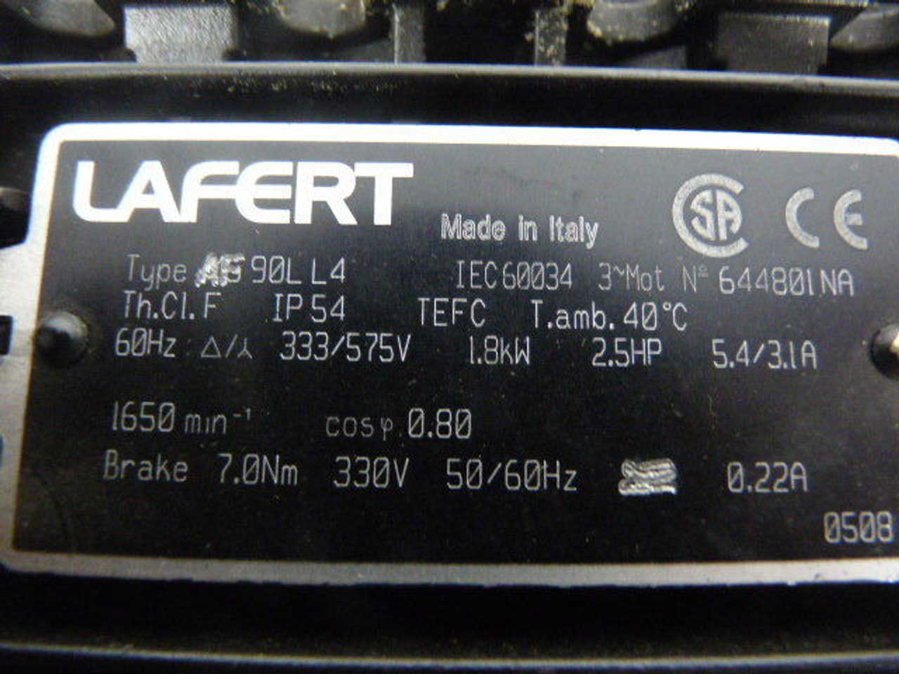 Lafert 2.5HP 1650RPM 333/575V 90L TEFC 3Ph 5.4/3.1A 60Hz C/W Brake ! NOP !