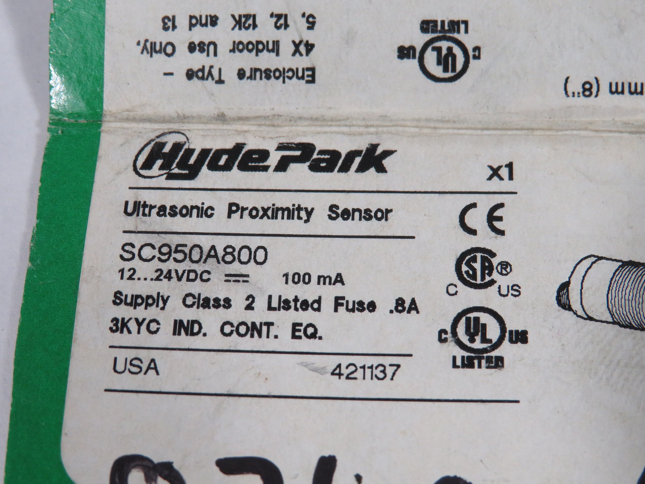 Hyde Park SC950A800 Ultrasonic Sensor 12-24VDC 100mA 8m Sensing MISSING NUT USED