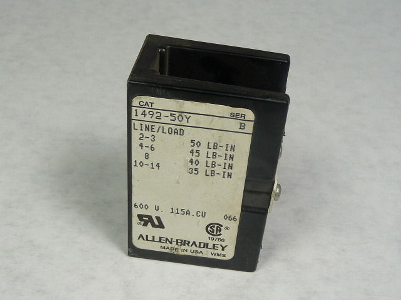 Allen-Bradley 1492-50Y Feed-Through/Splicer Power Block 115A 600V 1P USED