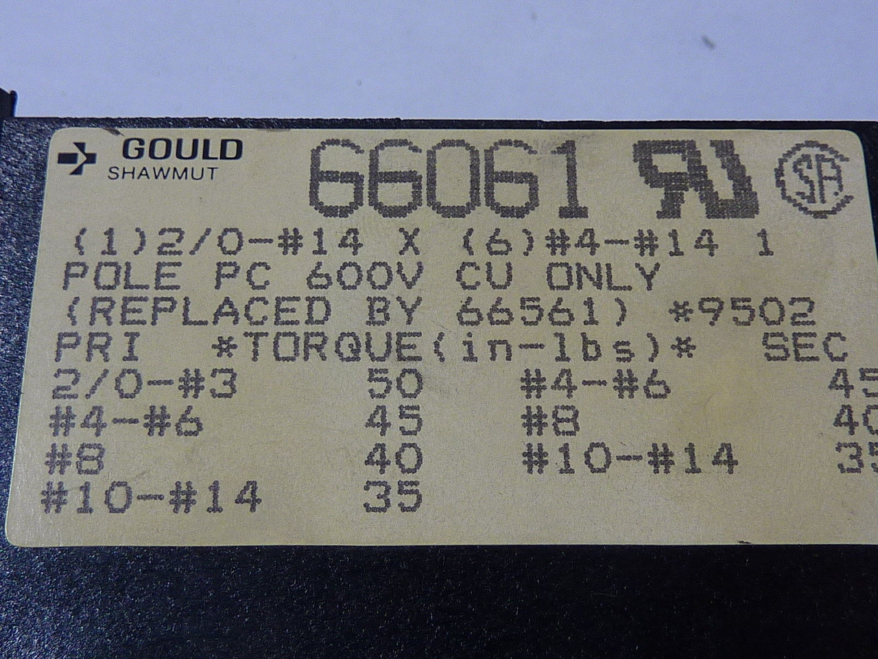 Gould Shawmut 66061 Distribution Block 600V 1 Pole USED