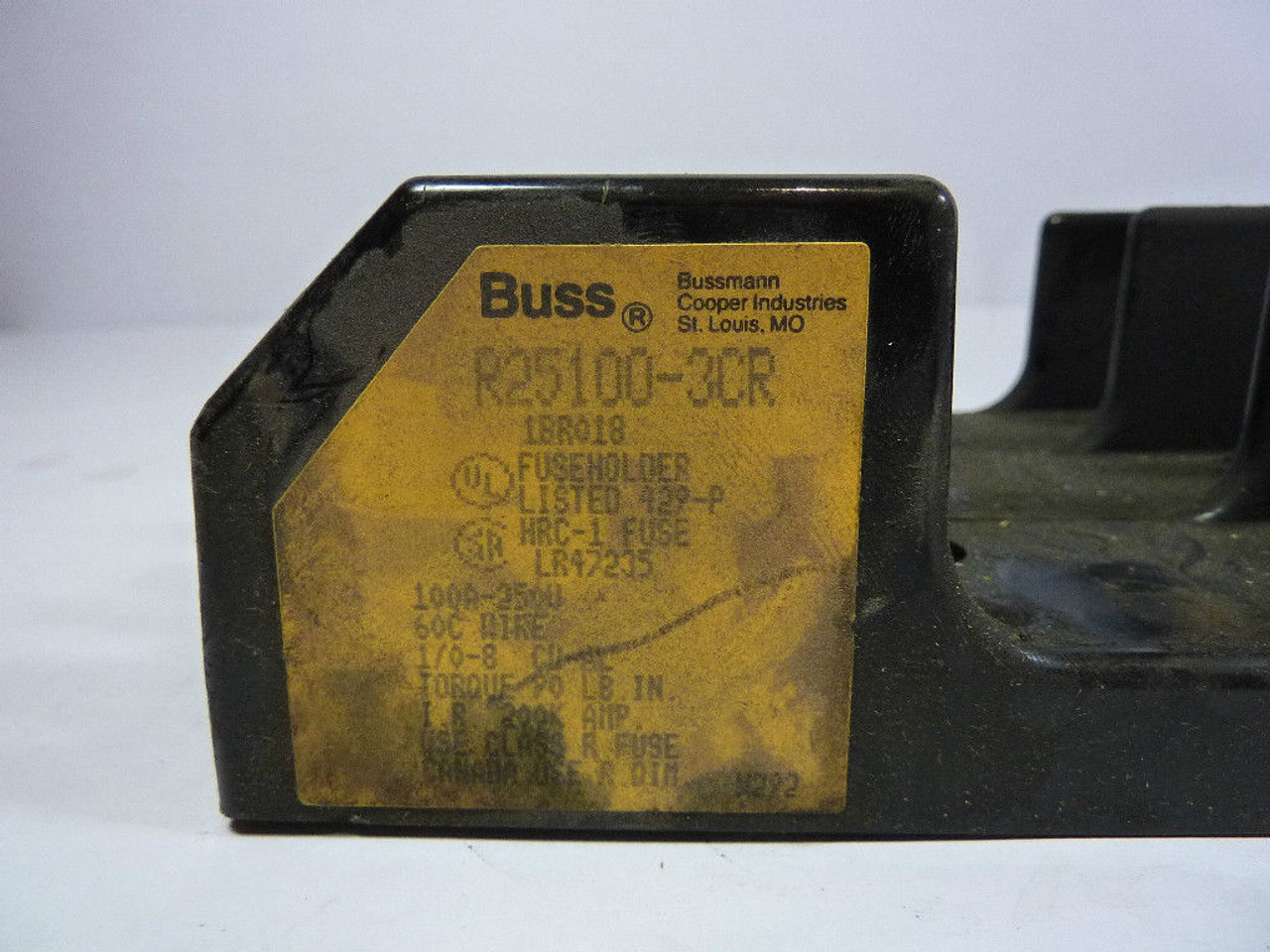 Bussmann R25100-3CR Fuse Block 100 Amp 250V 3-Pole USED