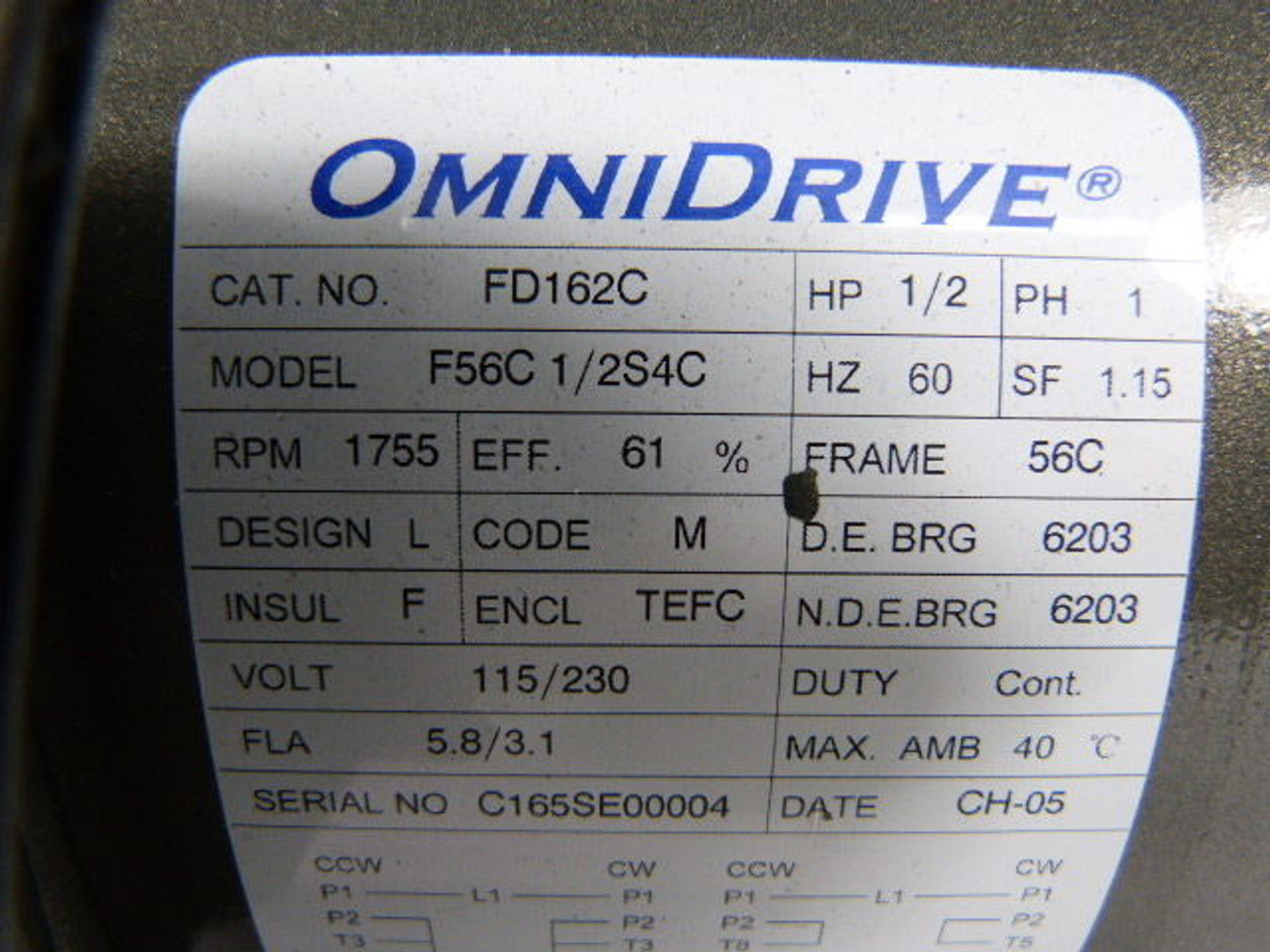 OmniDrive 1/2Hp 1755RPM 115/230V 56C TEFC 1Ph 5.8/3.1A 60Hz USED
