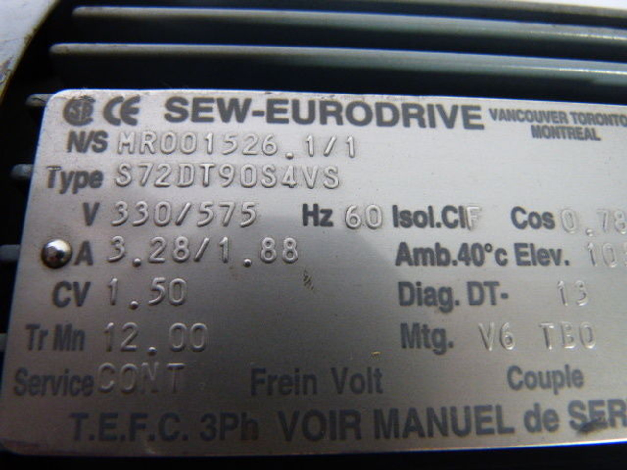 Sew-Eurodrive S72DT90S4VS Motor 3.28/1.88A 330/575V USED