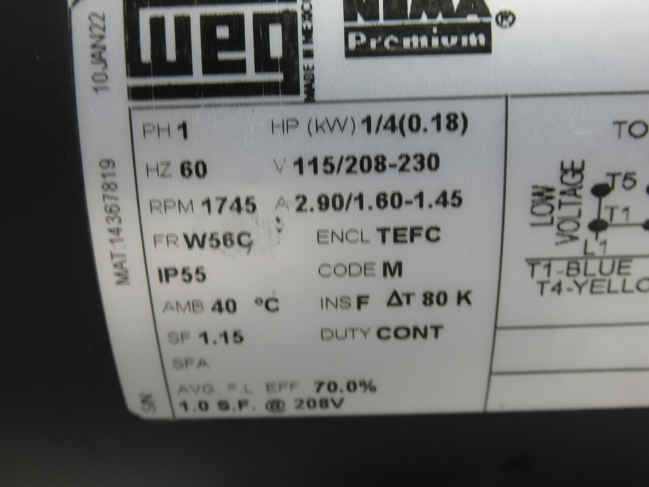 Weg 1/4HP 1745RPM 115/208-230V C/W Helical Inline Gear Reducer 34.52:1 Ratio NOP