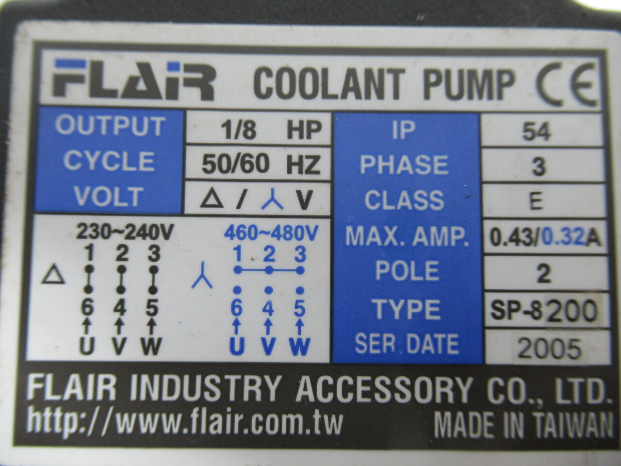 Flair Industry SP-8200 Coolant Pump 1/8HP 230-240/460-480V 3Ph 0.43/0.32A NOP