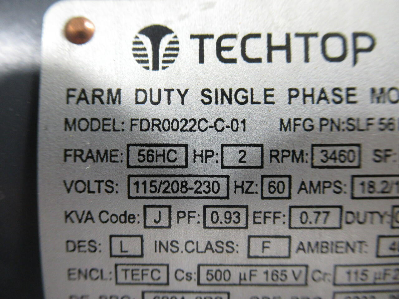 Techtop 2HP 3460RPM 115/208-230V 56HC TEFC 1Ph 18.2/10-9.1A 60Hz USED