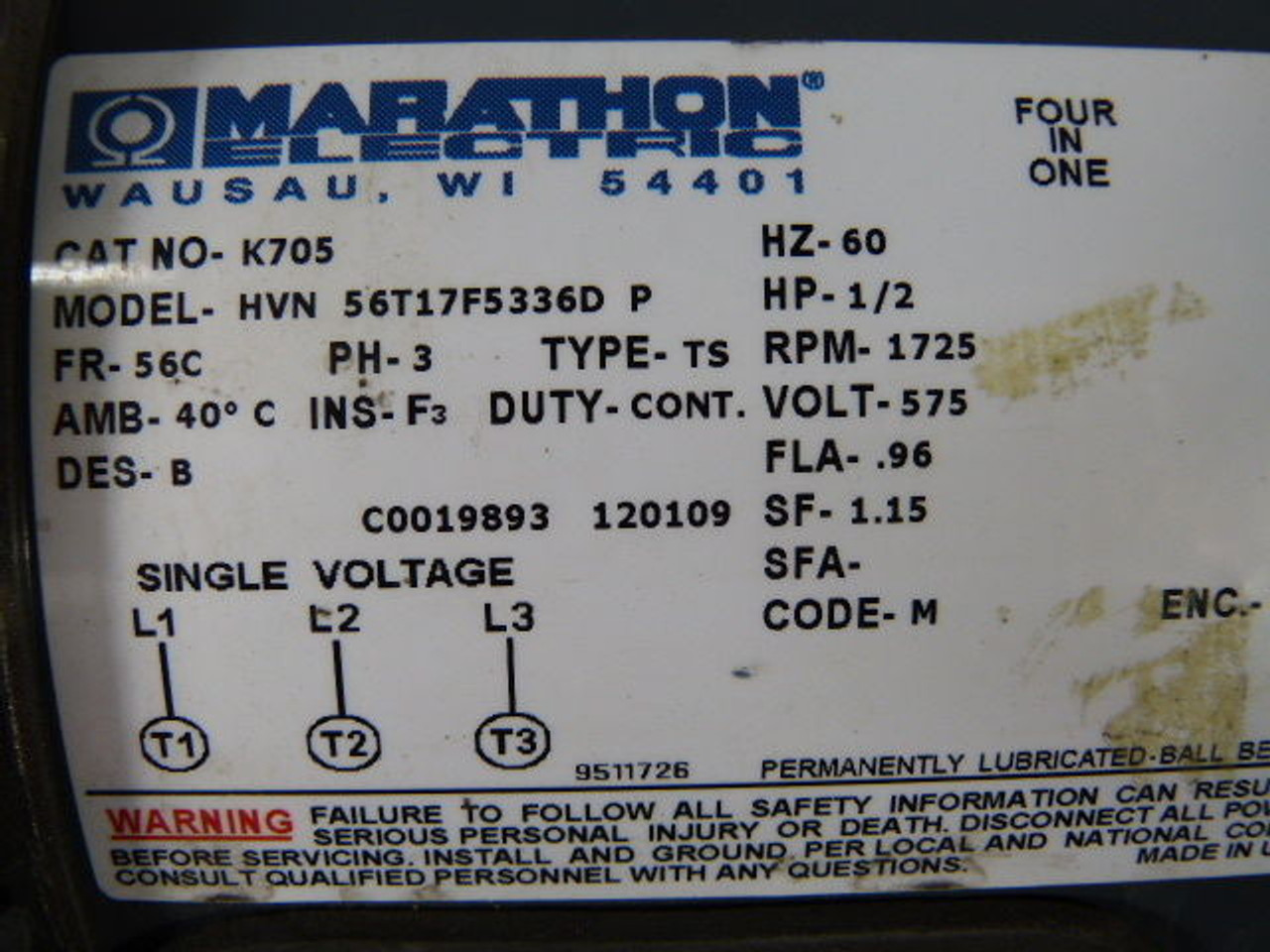 Marathon 1/2HP 1725RPM 575V 56C TEFC 3Ph .96A 60Hz USED