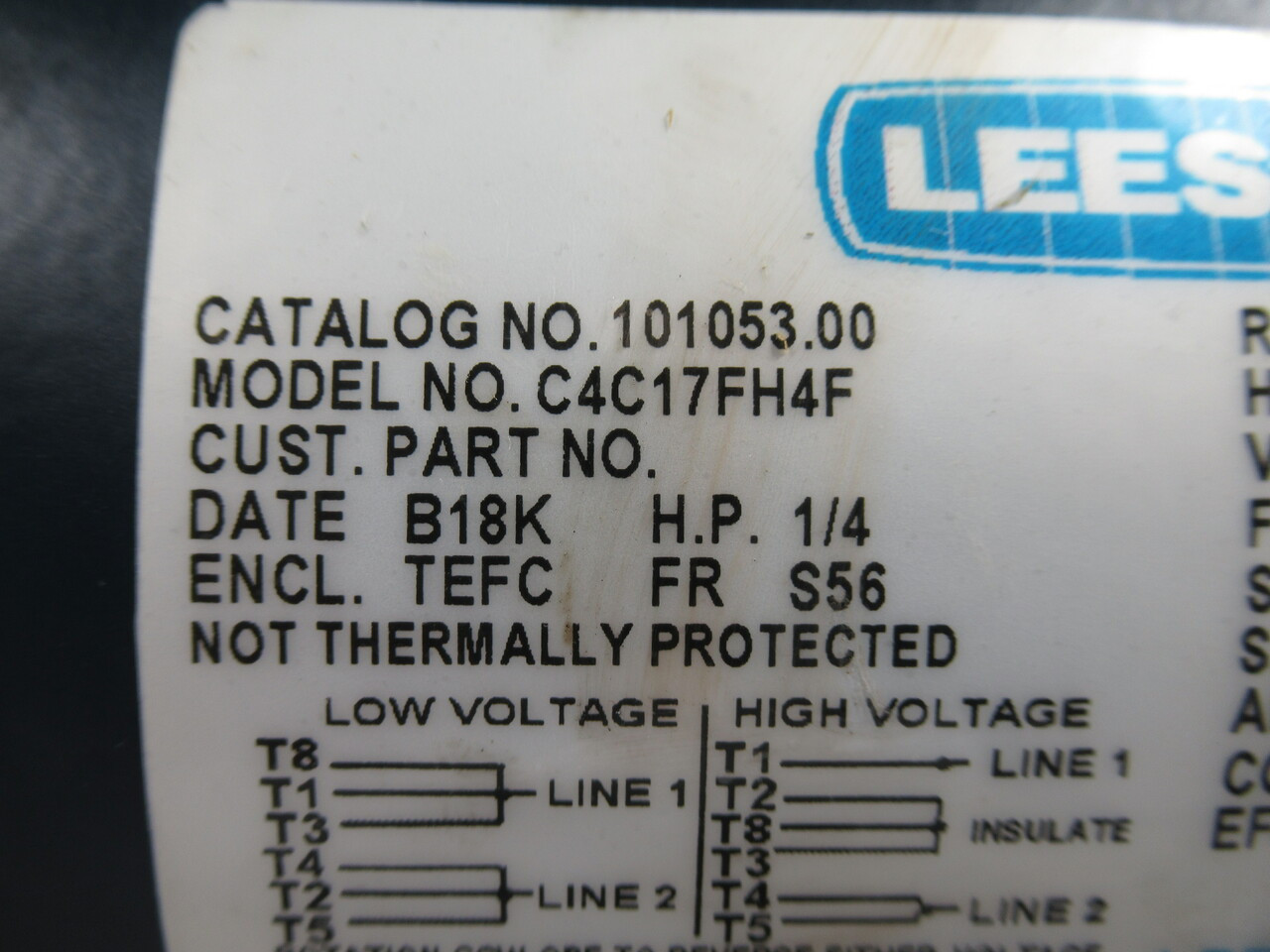 Leeson 1/4HP 1725RPM 115/208-230V S56 TEFC 1Ph 5.4/2.4-2.7A 60Hz NOP