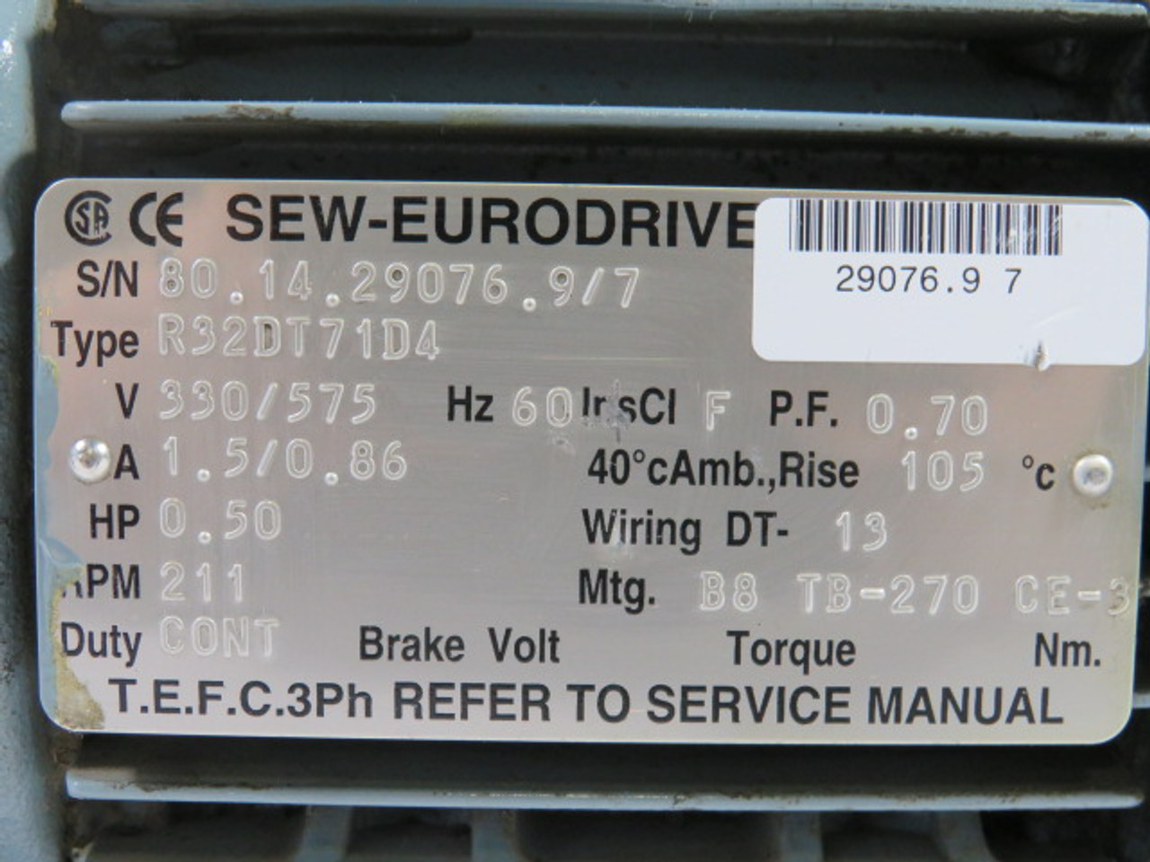 Sew-Eurodrive 0.5HP 211RPM 330/575V 71D TEFC 3Ph 1.50/0.86A 60Hz USED