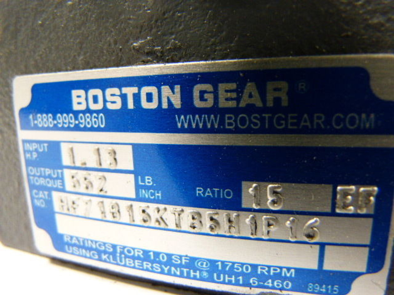 Boston Gear Gear Reducer 15:1 Ratio 552lb-in 1.13HP@1750RPM USED