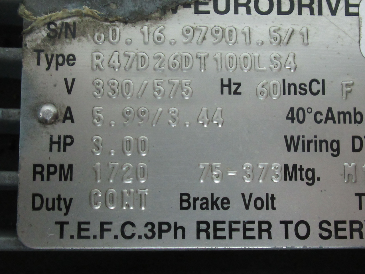 Sew-Eurodrive 6.00:1 Ratio 3HP 1720RPM 330/575V 5.99/3.44A 60Hz NOP