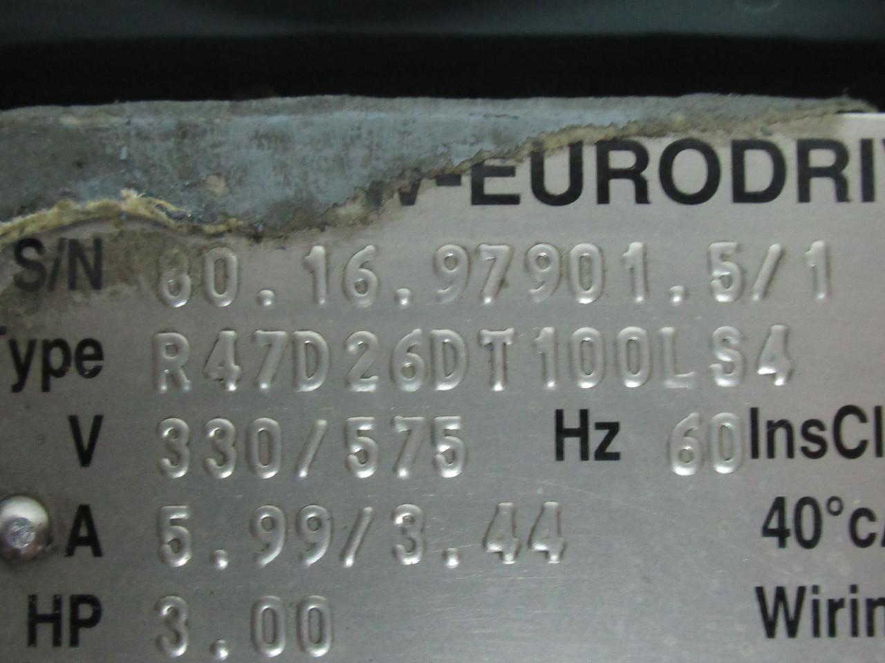 Sew-Eurodrive 6.00:1 Ratio 3HP 1720RPM 330/575V 5.99/3.44A 60Hz NOP