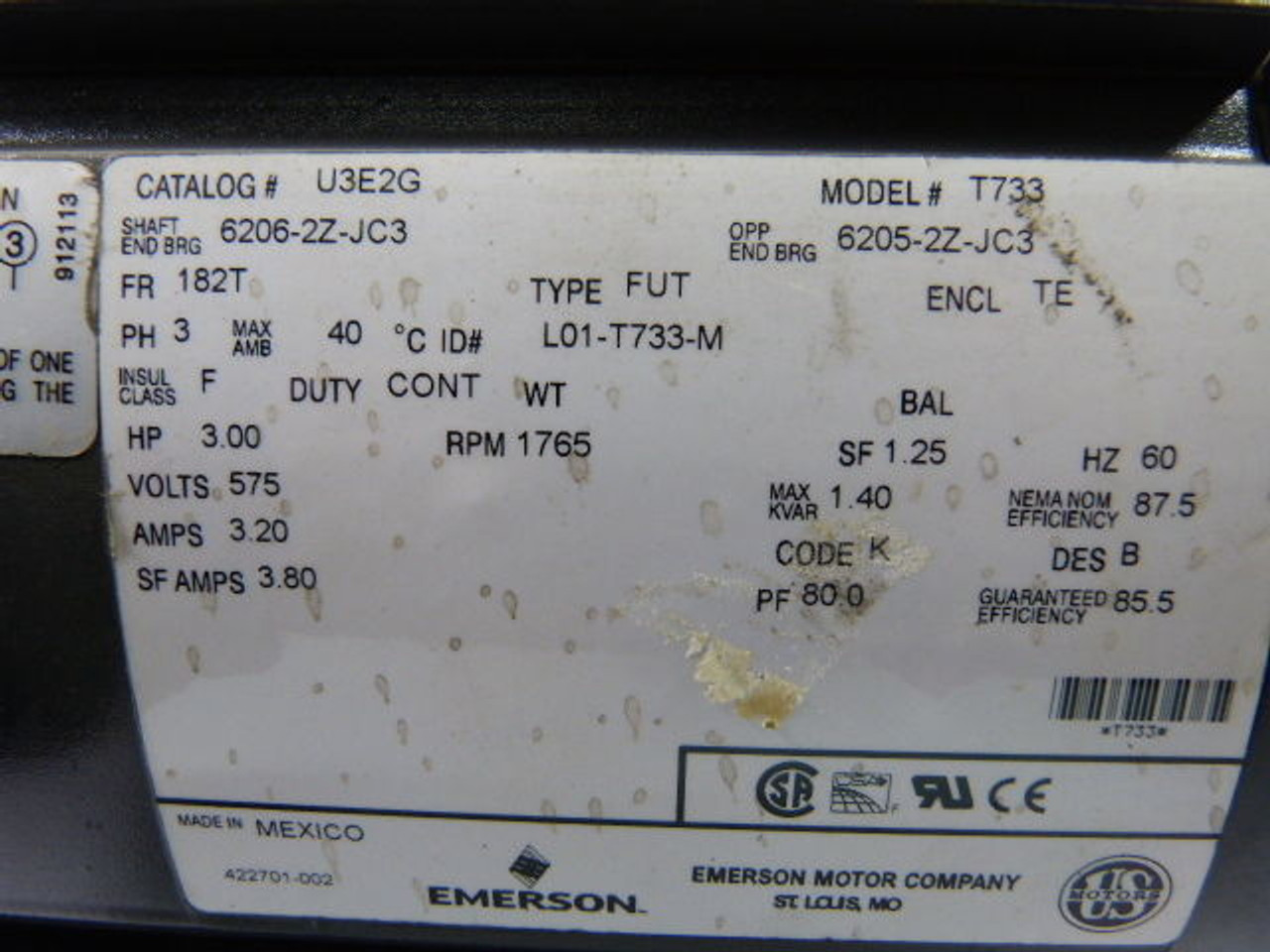 Emerson 3HP 1765RPM 575V 182T TEFC 3Ph 3.20A 60Hz USED